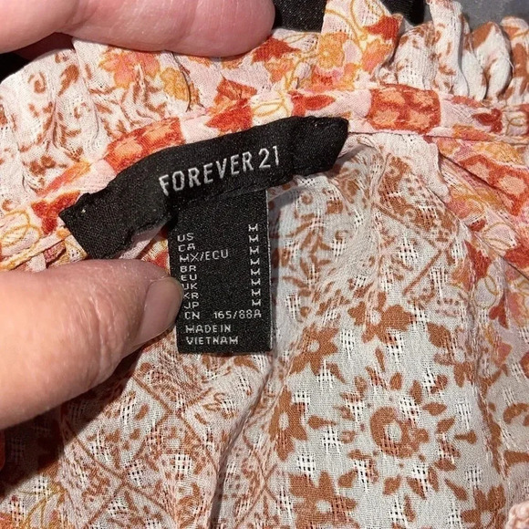 Forever 21 Orange Rust Brown Artsy 3/4 Sleeve Ruffle Drawstring Blouse - Size M - Picture 6 of 6